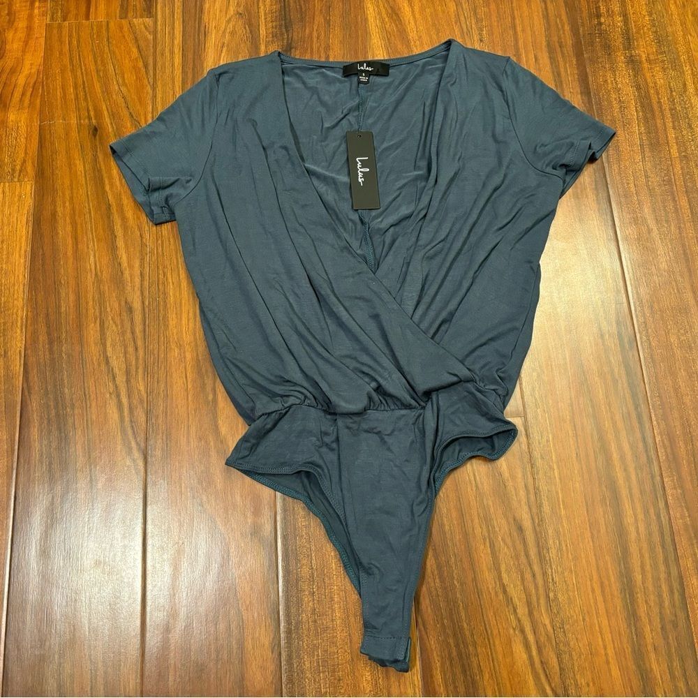 Lulu's Navy Wrap-Front Short Sleeve Bodysuit